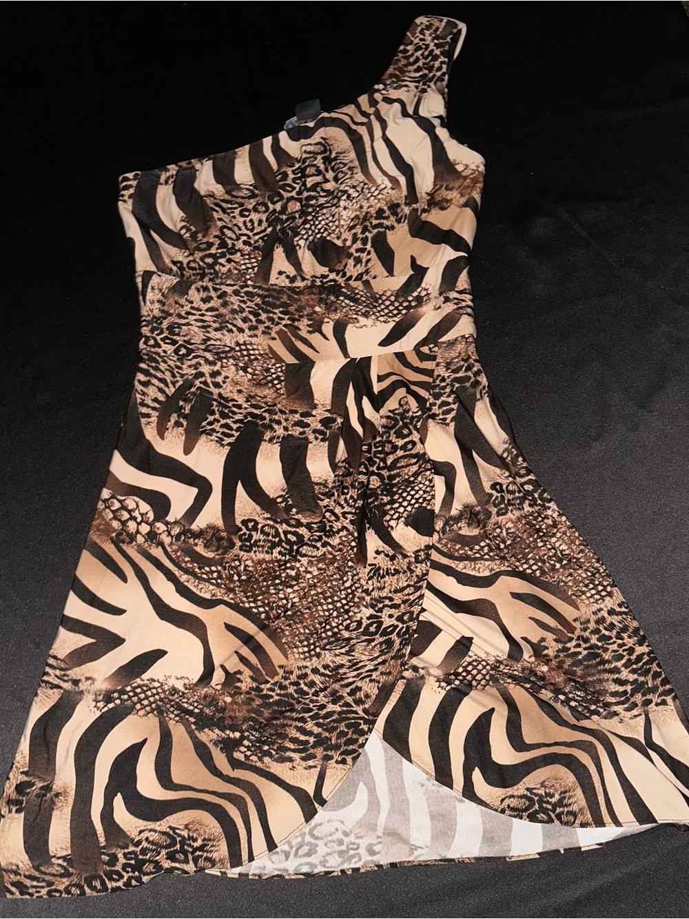 Kimikal Wear One-Shoulder Animal Print Dress in Beige and Black